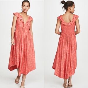 HATCH Maternity Womens Floral Flutter Ruffle Smocked Midi Dress Silk Blend